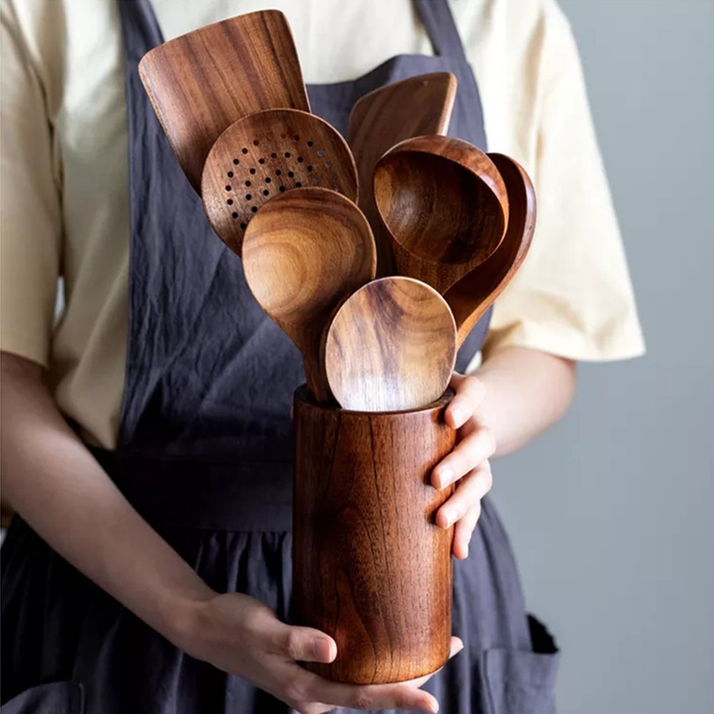 Teak Wooden Utensils – seven pieces, spoons, spatulas and pasta server