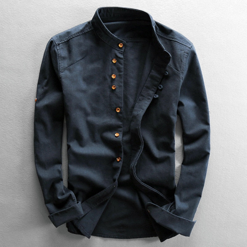 Band Collar Shirt – Japanese-inspired cut, long sleeves, relaxed fit