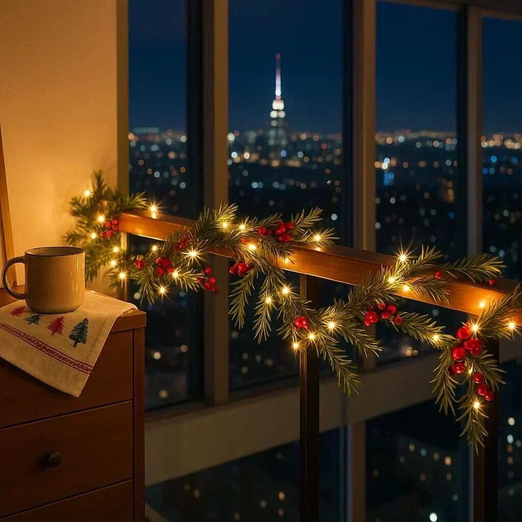 Christmas Garland – warm white LED lights, red berries and remote control