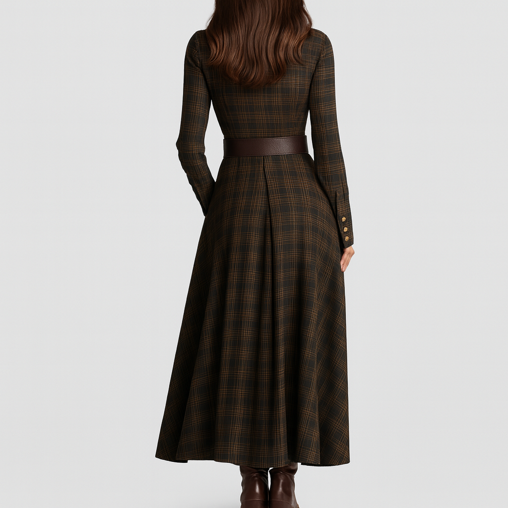 Plaid Shirt Dress – long sleeves, button front, flowing maxi skirt