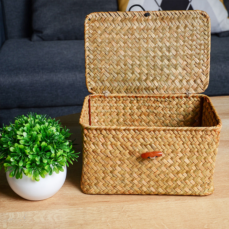 Storage Basket with Lid – woven seagrass, fitted lid, three sizes