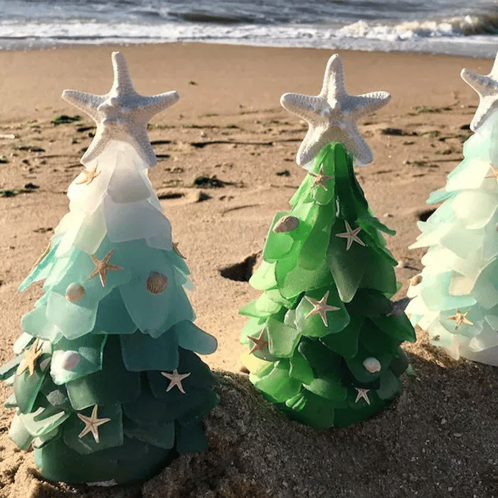 Sea Glass Christmas Tree – handmade, coastal blues and greens, starfish topper
