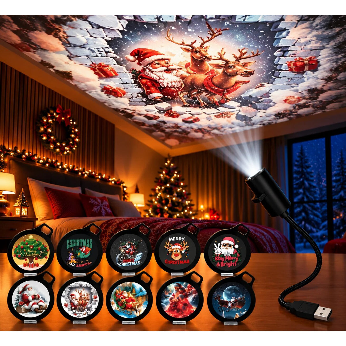 Christmas Projector Light – USB lamp with adjustable head and six design sets