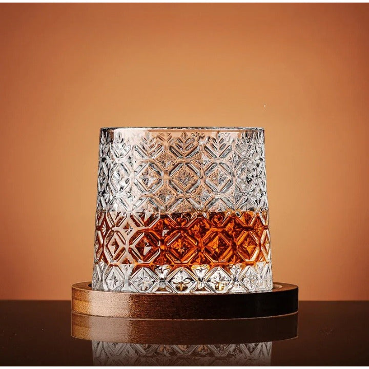 Rotating Whisky Glass – spinning rounded base, cut-glass pattern, four styles