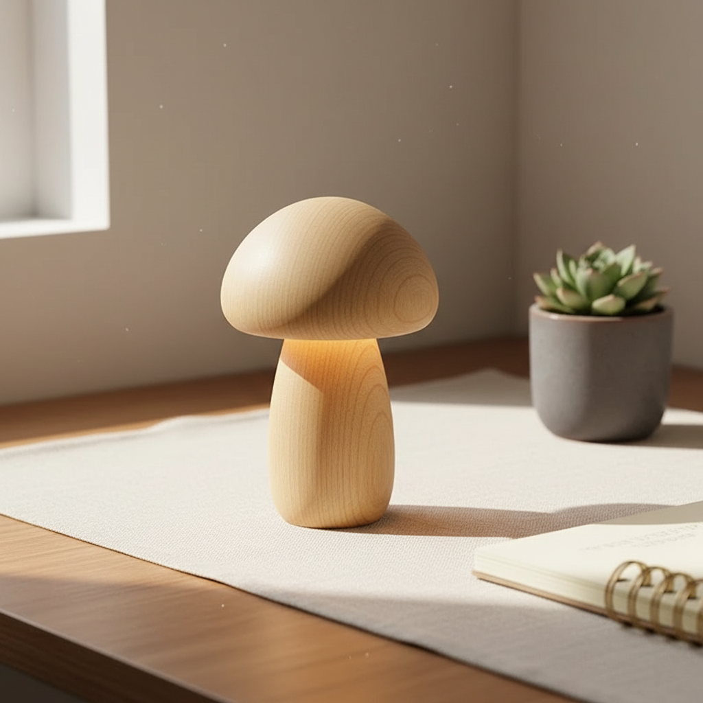 Wooden Mushroom Night Light – solid timber, touch dimmable, USB rechargeable