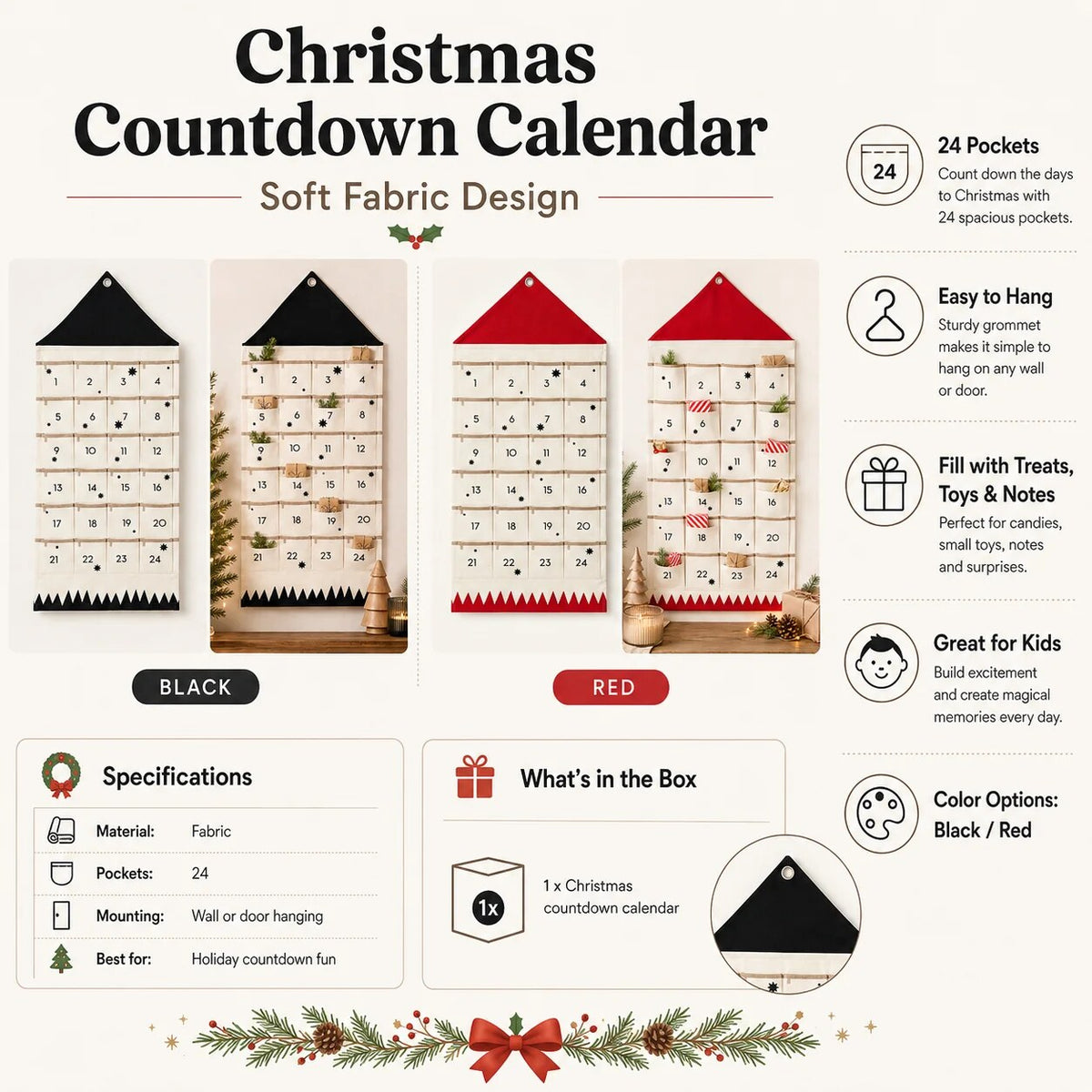 Christmas Advent Calendar – fabric design, 24 pockets