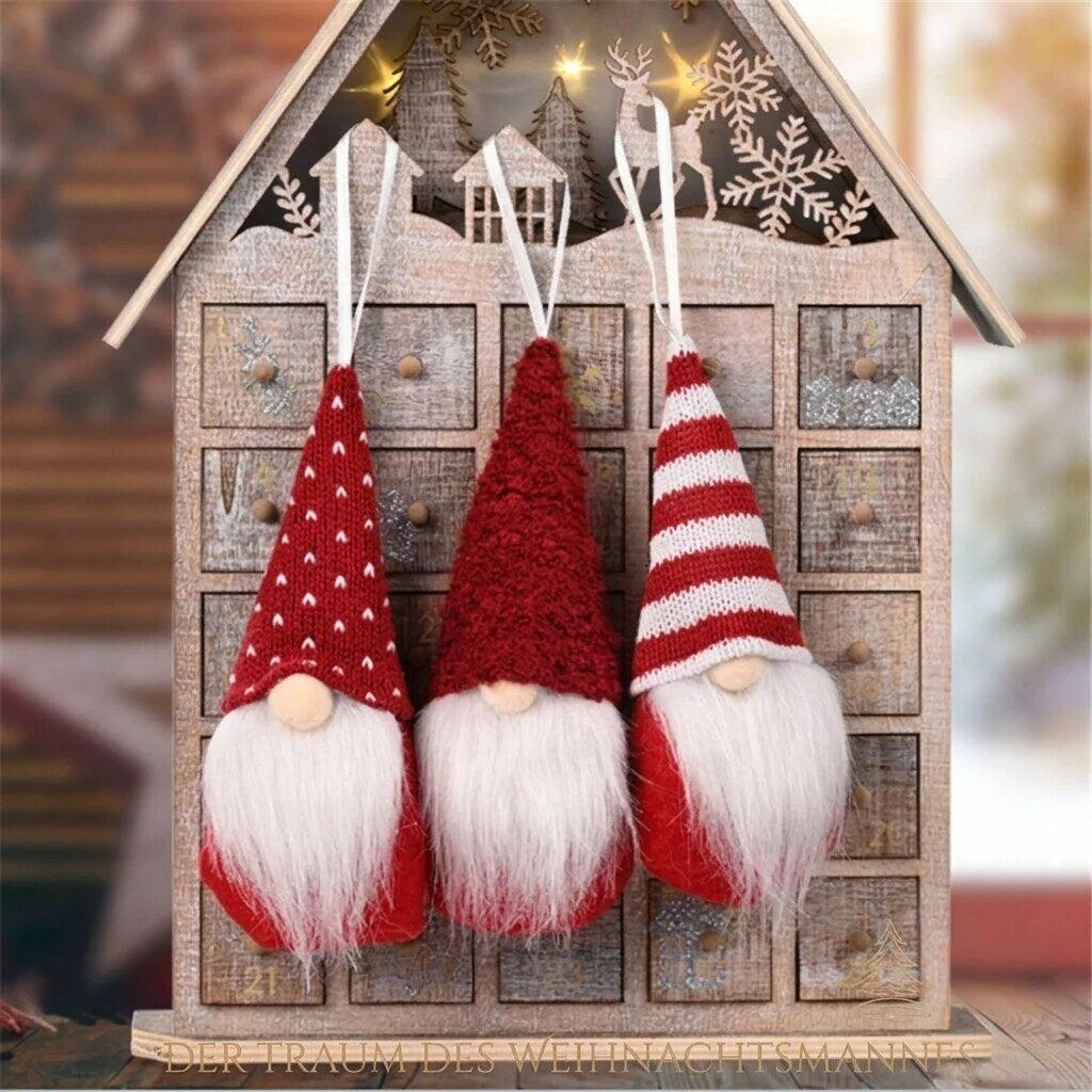 Christmas Tree Ornaments – set of three, red gnomes, hanging loops