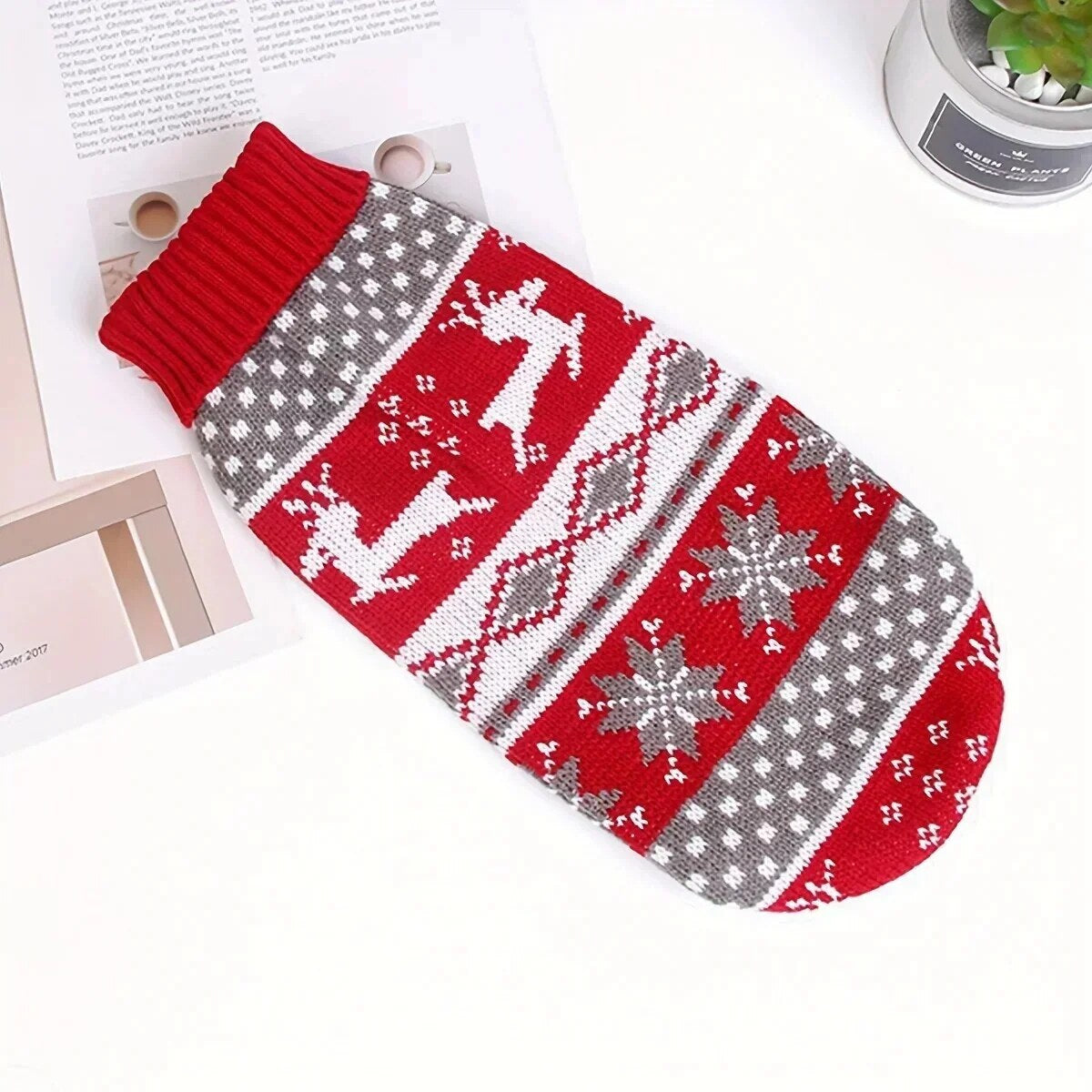 Dog Jumper – festive red knit, soft acrylic, warm one-piece