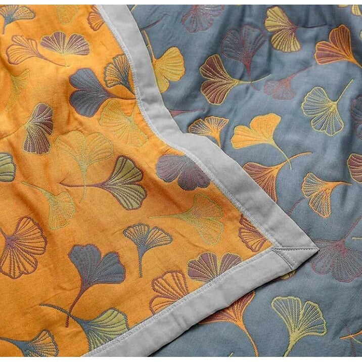 Ginkgo Leaf Throw – reversible cotton, yellow and blue