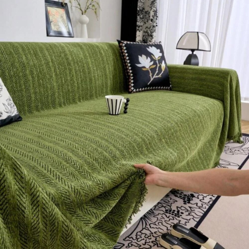 Herringbone Couch Cover – chenille fabric, tassel accents, washable