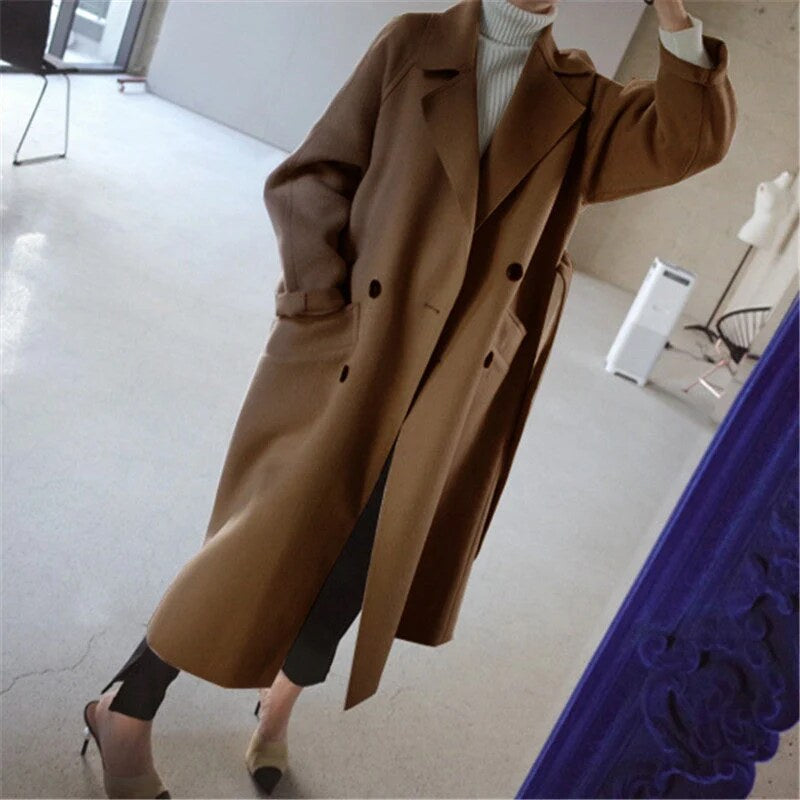 Longline Double-Breasted Coat – wide notch lapels, relaxed fit