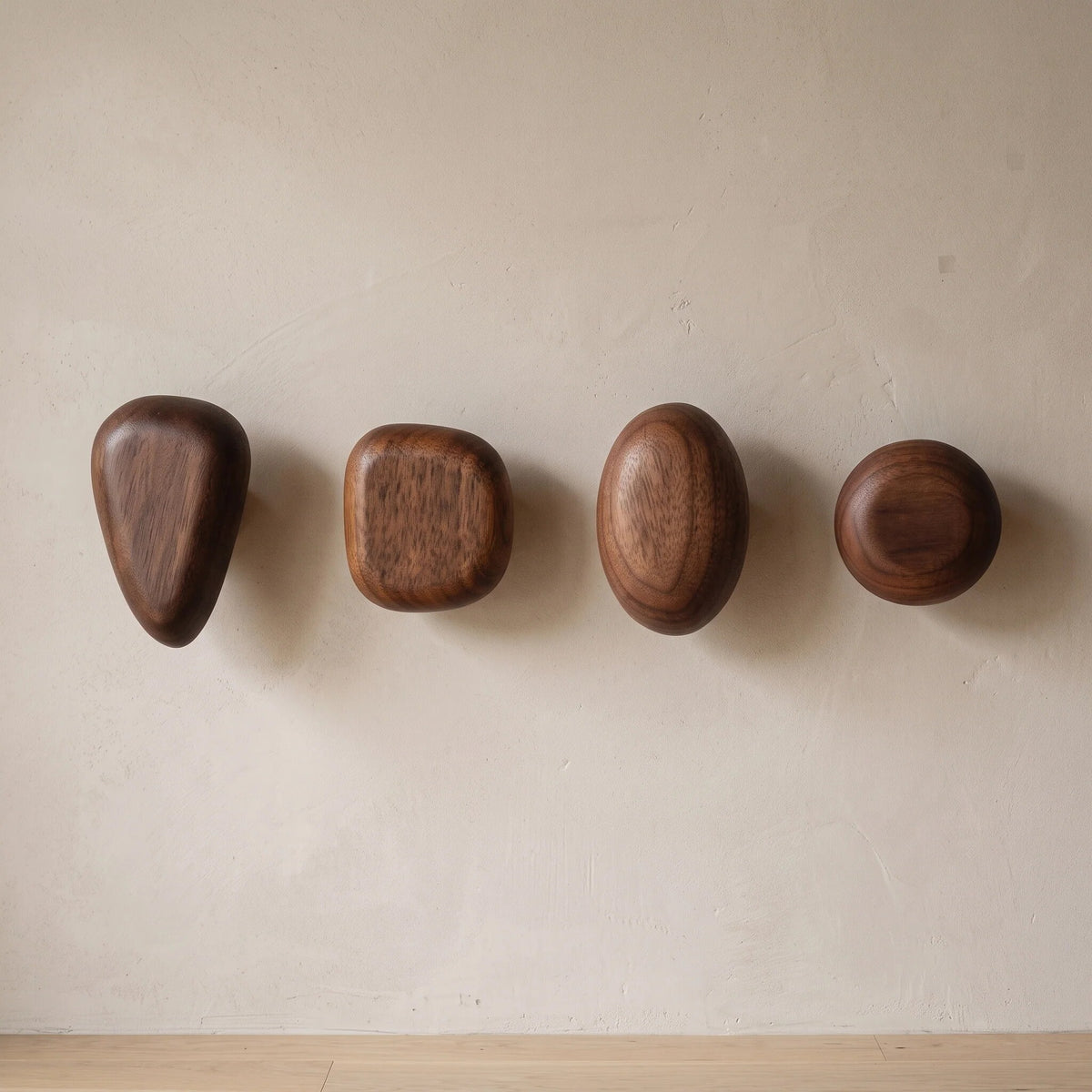 Wooden Wall Hooks Set – organic rounded shapes, four pieces