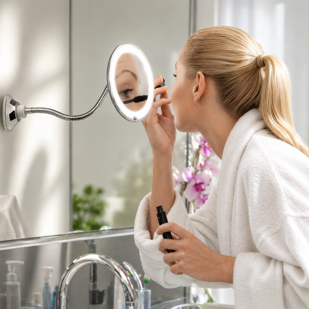 LED Magnifying Mirror – 10× magnification, flexible arm, suction mount
