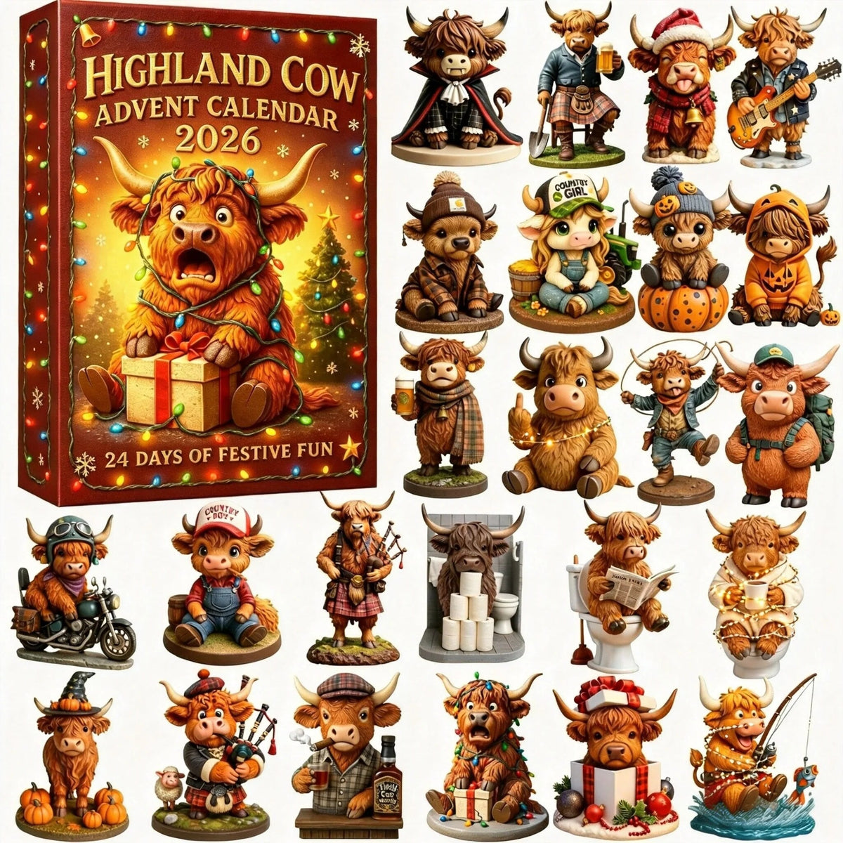 Highland Cow Advent Calendar – 24 resin figures, one each day