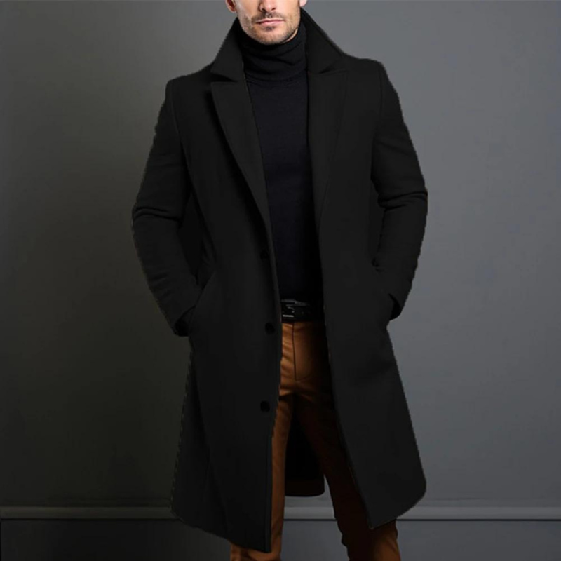 Men's Wool Overcoat – single-breasted, notch lapels, longline cut