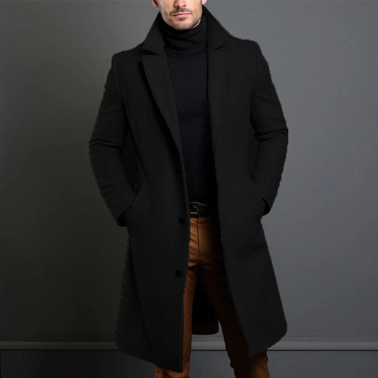 Men's Wool Overcoat – single-breasted, notch lapels, longline cut