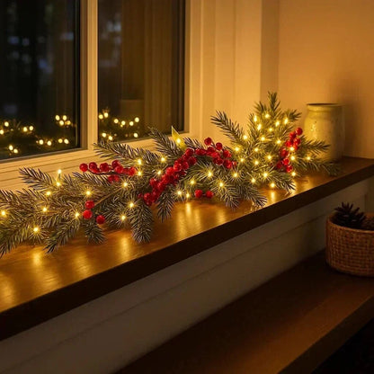 Christmas Garland – warm white LED lights, red berries and remote control