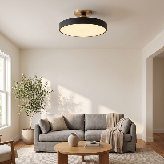 Round Semi-Flush Ceiling Light – brass stem, integrated LED, six colours