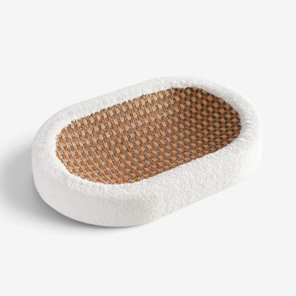 Cat Scratcher Bed – woven rattan base, fleece bolster, oval
