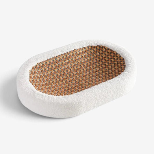 Cat Scratcher Bed – woven rattan base, fleece bolster, oval
