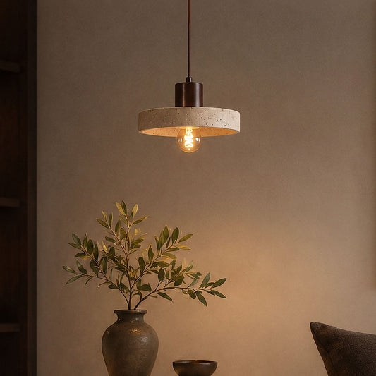 Travertine Pendant Light – natural stone shade, dark wood cap, adjustable cord