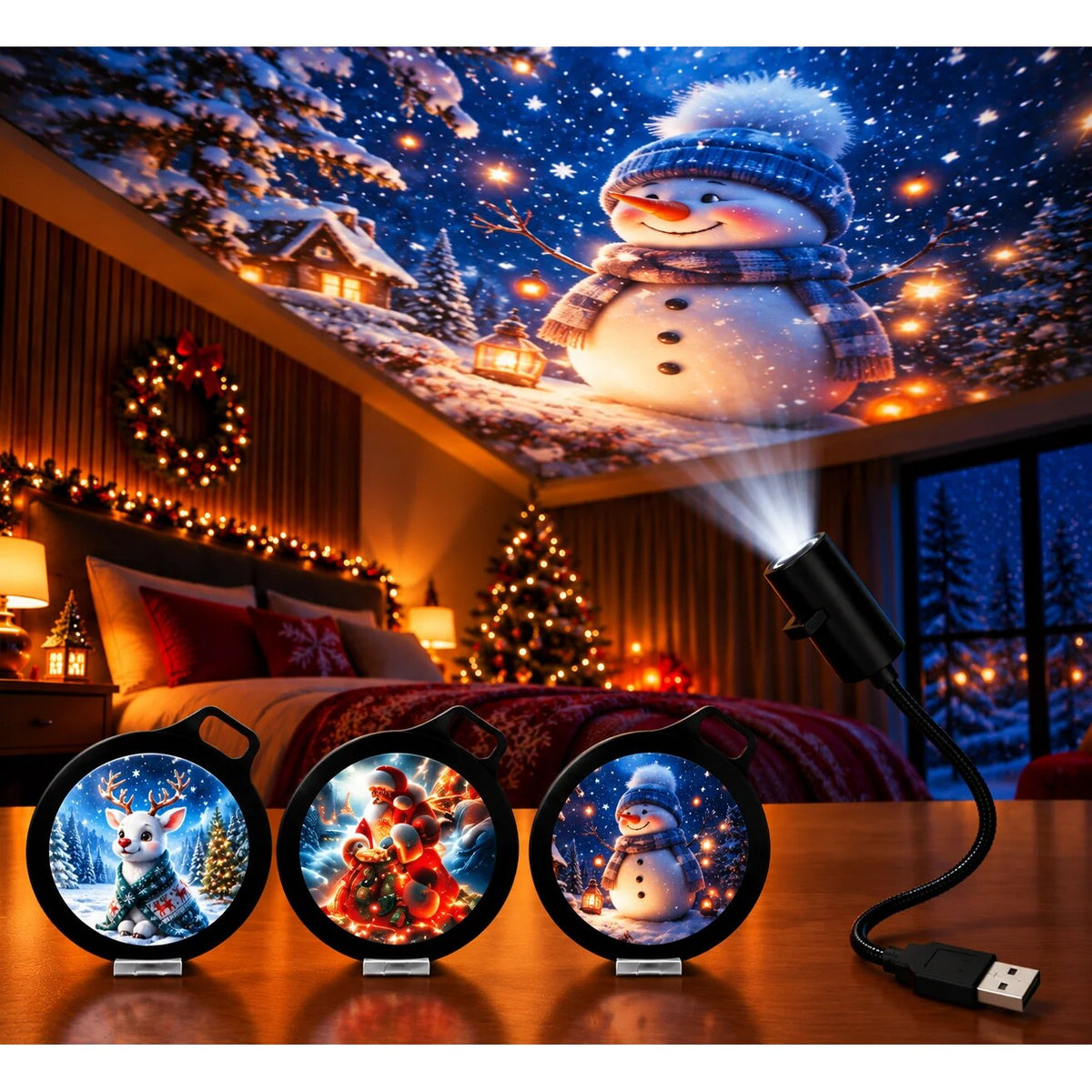 Christmas Projector Light – USB lamp with adjustable head and six design sets