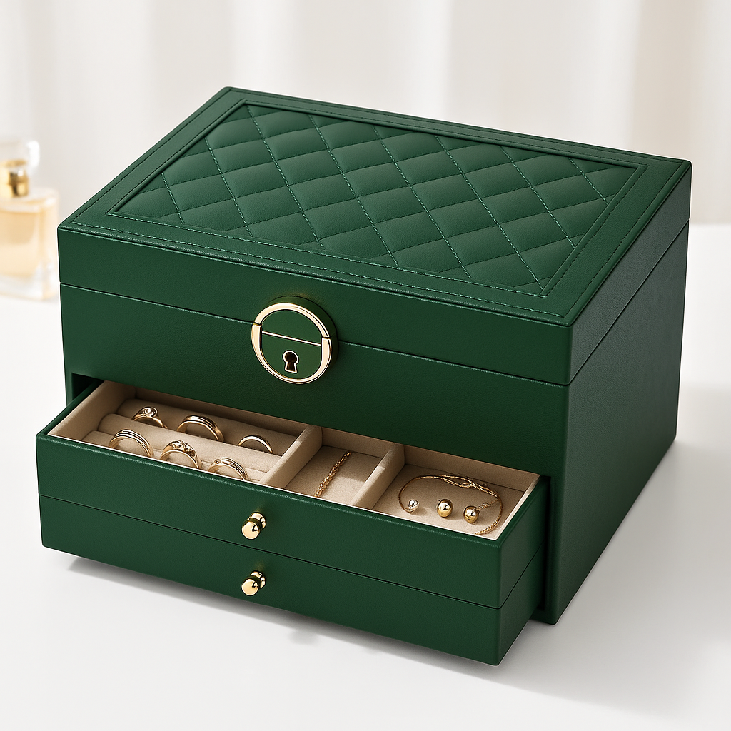 Jewellery Box – three tiers, pull-out drawers, lined compartments