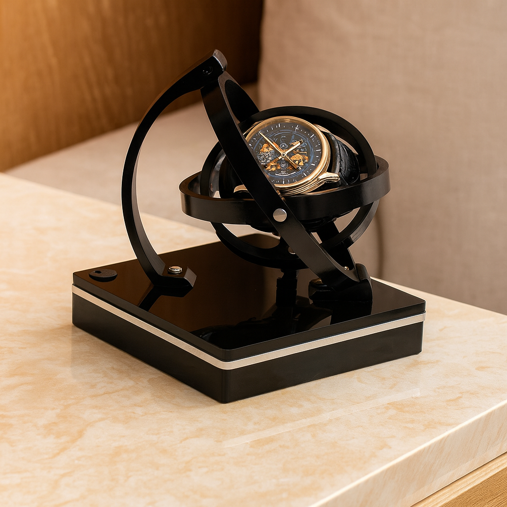Watch Winder – rotating gyroscope frame, single watch, gloss black base