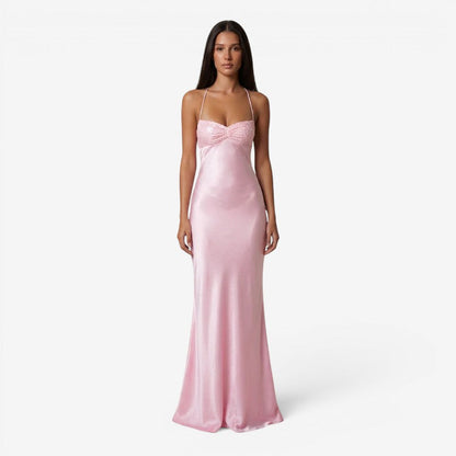 Satin Maxi Dress – spaghetti straps, lace-up open back, sequin bust