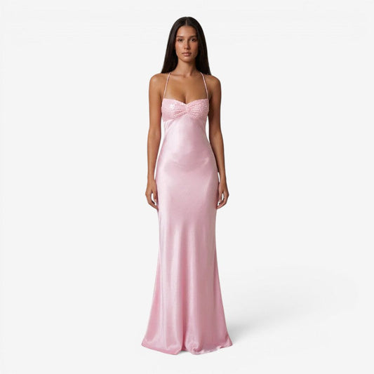 Satin Maxi Dress – spaghetti straps, lace-up open back, sequin bust