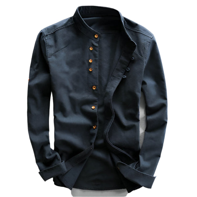 Band Collar Shirt – Japanese-inspired cut, long sleeves, relaxed fit