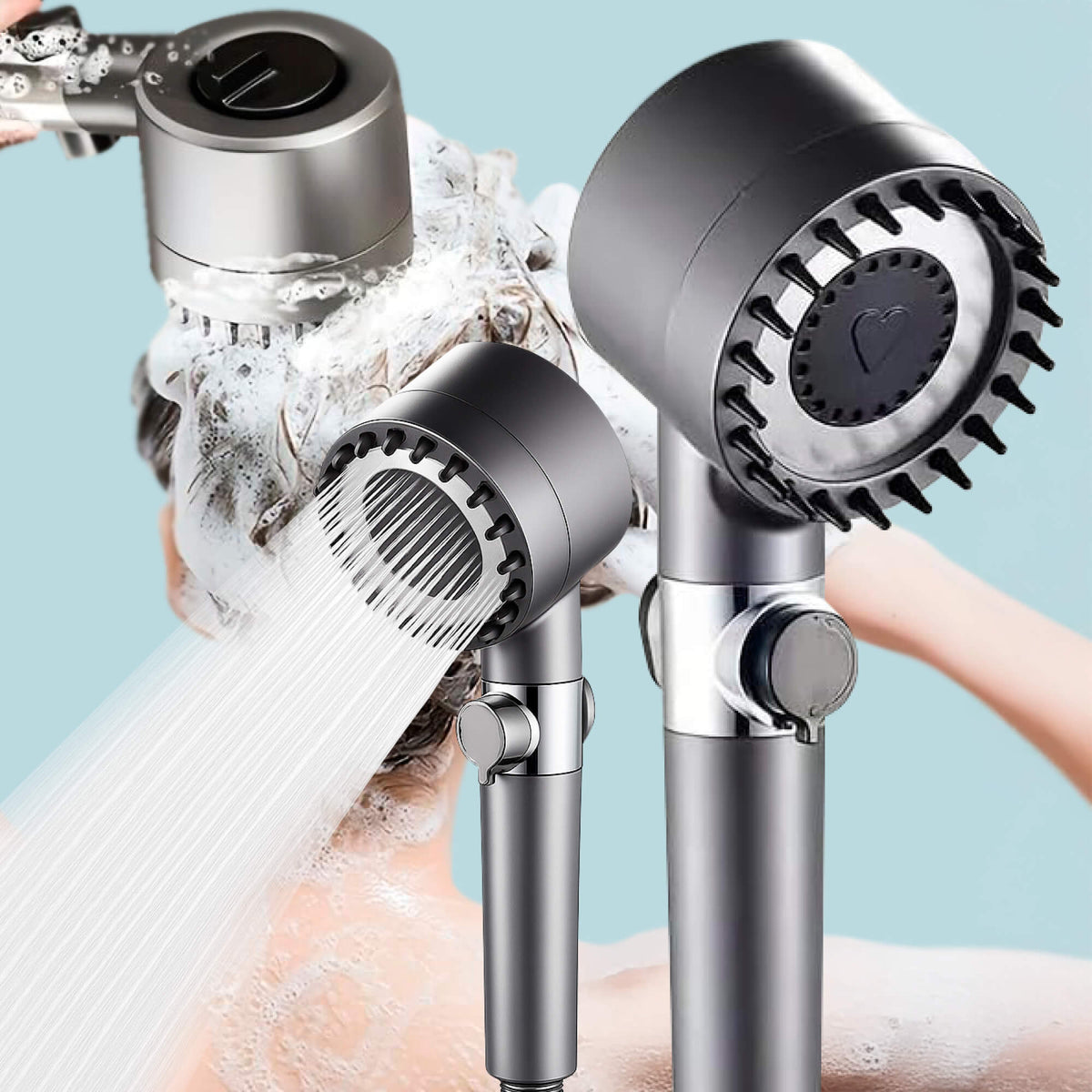 High Pressure Shower Head – three spray settings, built-in filter, stop button