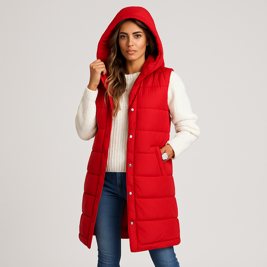 Women's Long Puffer Vest – hooded, quilted, button front