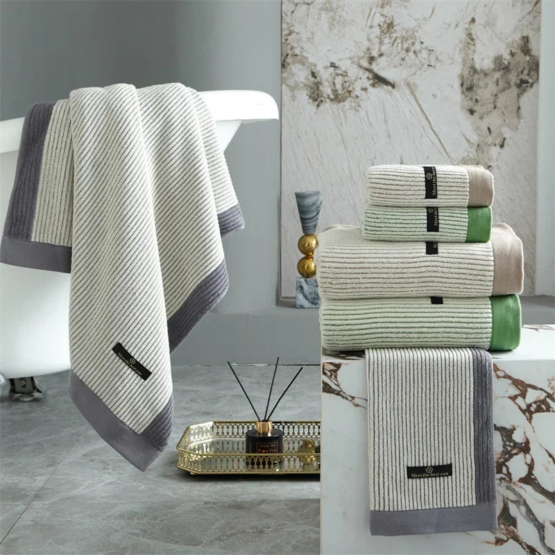 Striped Cotton Towel Set – bath towel and face towel, coloured border