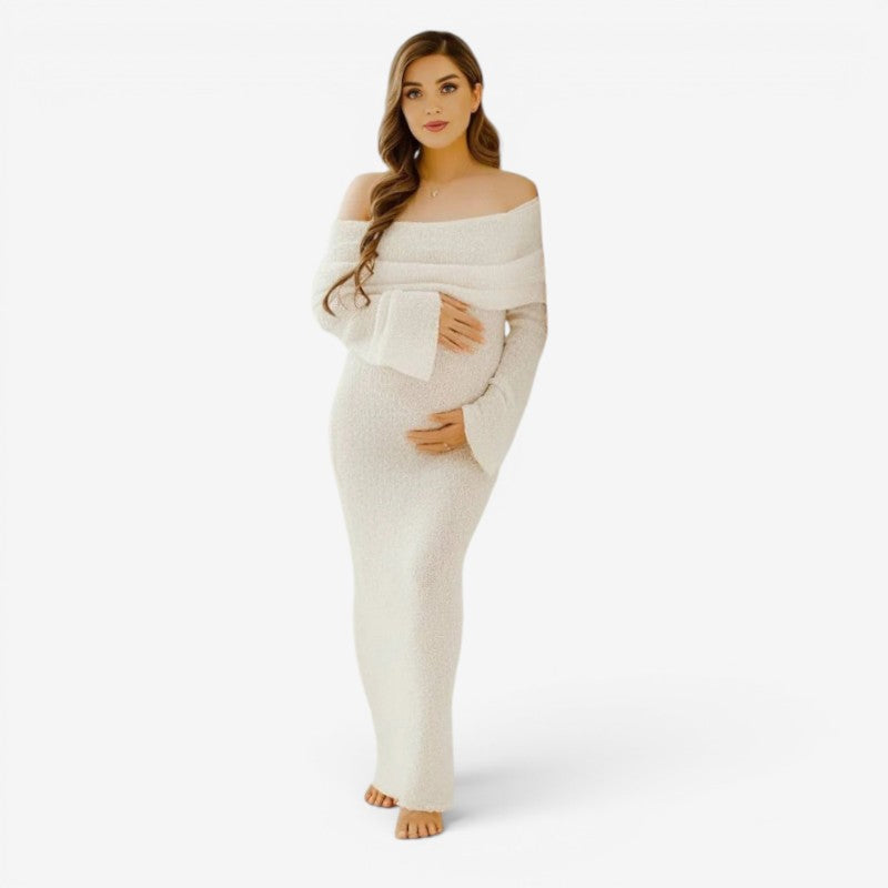 Maternity Dress – off-shoulder neckline, long flared sleeves, full length