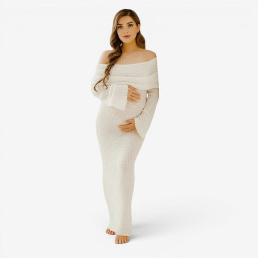 Maternity Dress – off-shoulder neckline, long flared sleeves, full length