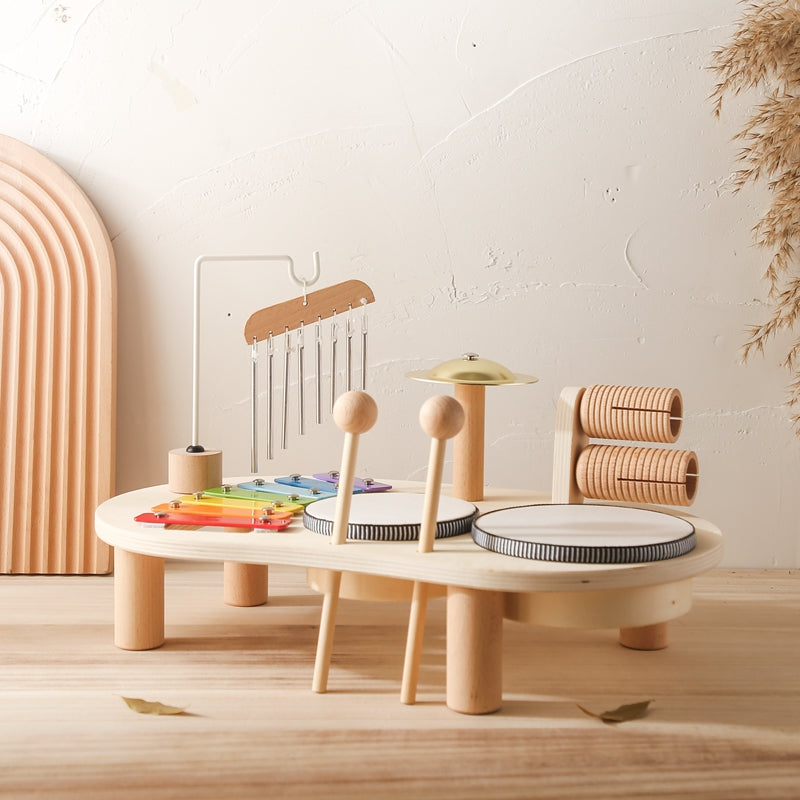 Wooden Music Table – two drums, xylophone, chimes and cymbal