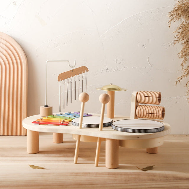Wooden Music Table – two drums, xylophone, chimes and cymbal