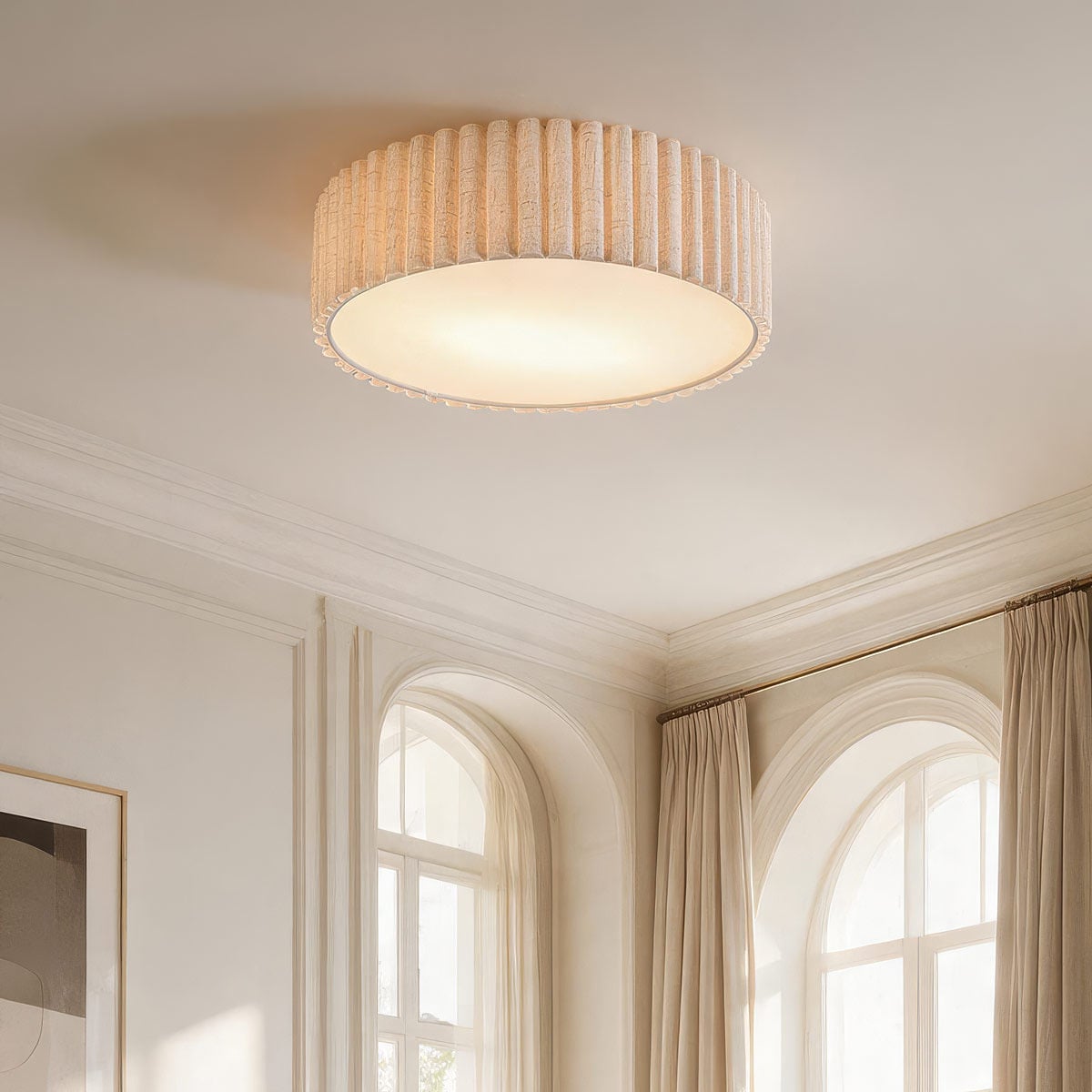 Fluted Linen Ceiling Light – ribbed fabric shade, diffuser, two bulbs