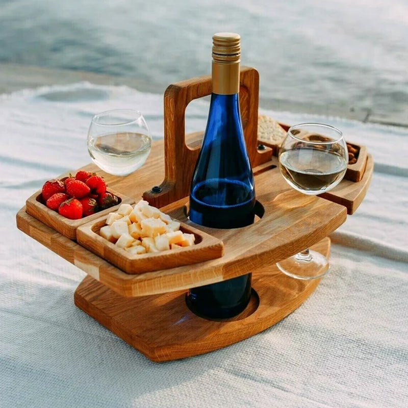 Folding Picnic Table – wine bottle and glass holders, four snack trays, carry handle