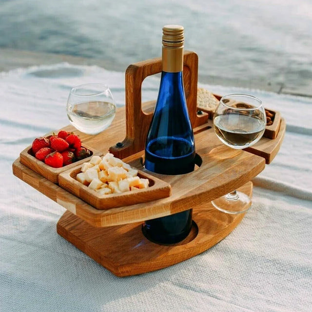 Folding Picnic Table – wine bottle and glass holders, four snack trays, carry handle