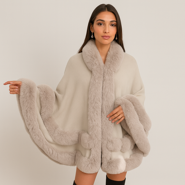 Faux Fur Trim Poncho – hooded cape coat, open front, one size