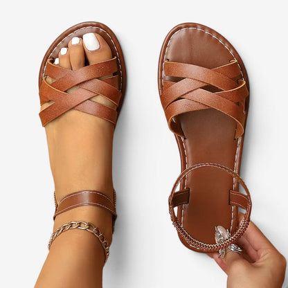 Womens Flat Sandals – cross straps, elastic ankle strap, open toe