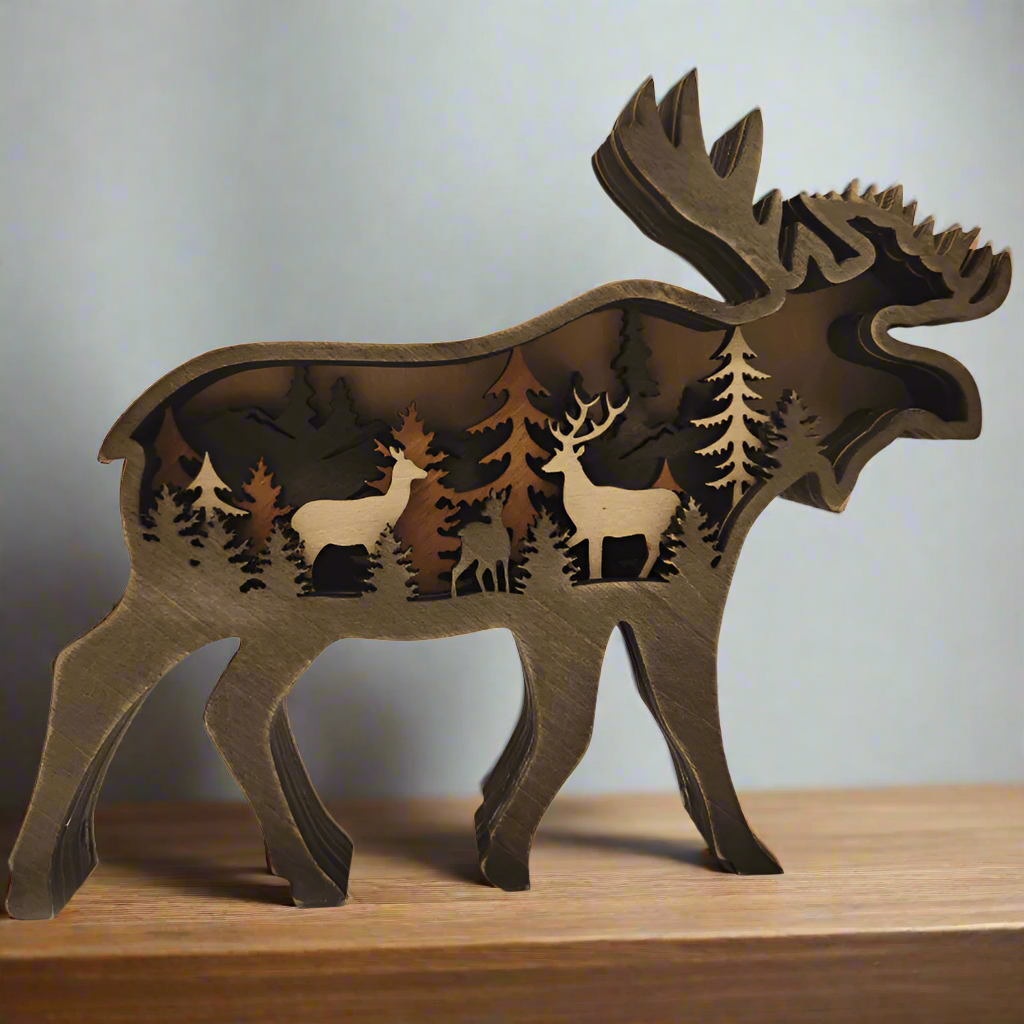 Layered Wooden Animal Figurine – 3D scene inside, freestanding, eleven animals