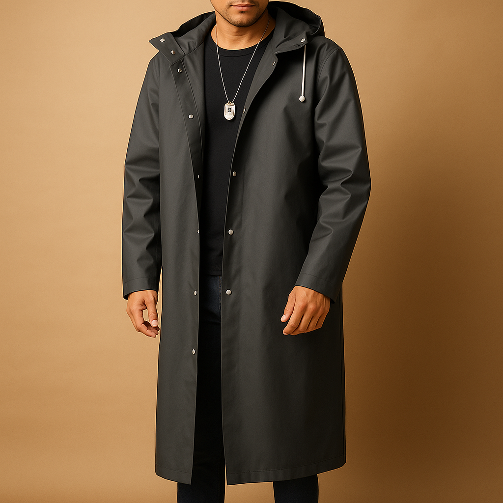 Men's Long Raincoat – waterproof EVA, hood, room for layers