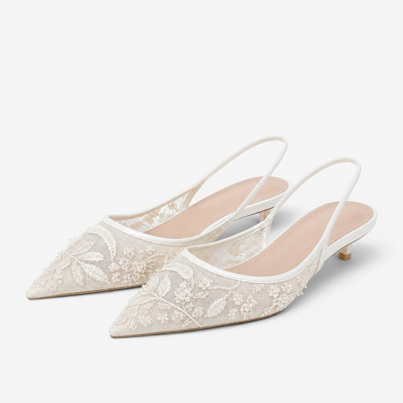 Slingback Kitten Heels – floral embroidery, sheer mesh, pointed toe