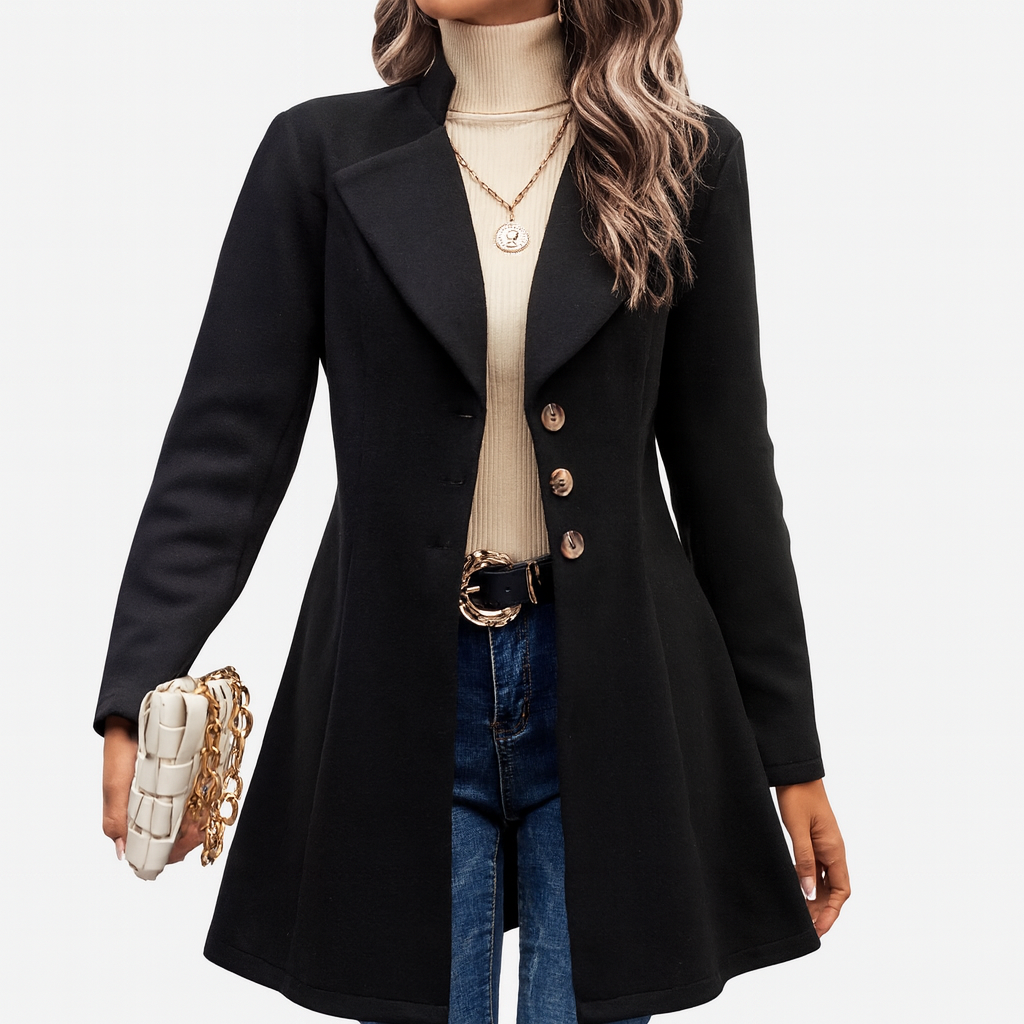 Womens Long Coat – single-breasted buttons, fitted waist, flared hem