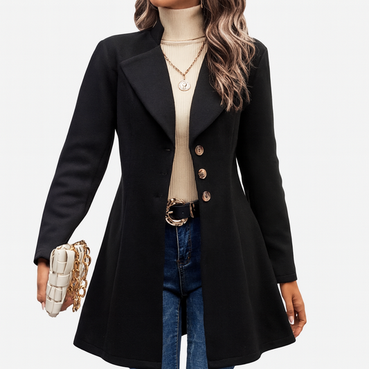 Womens Long Coat – single-breasted buttons, fitted waist, flared hem