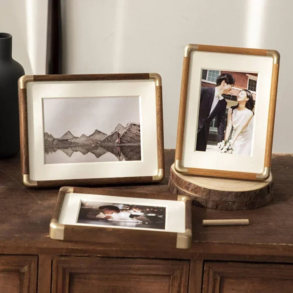 Wooden Photo Frame – brass-tone corners, tabletop stand, six sizes