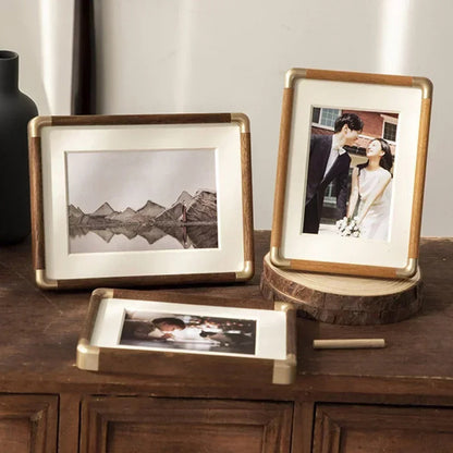 Wooden Photo Frame – brass-tone corners, tabletop stand, six sizes